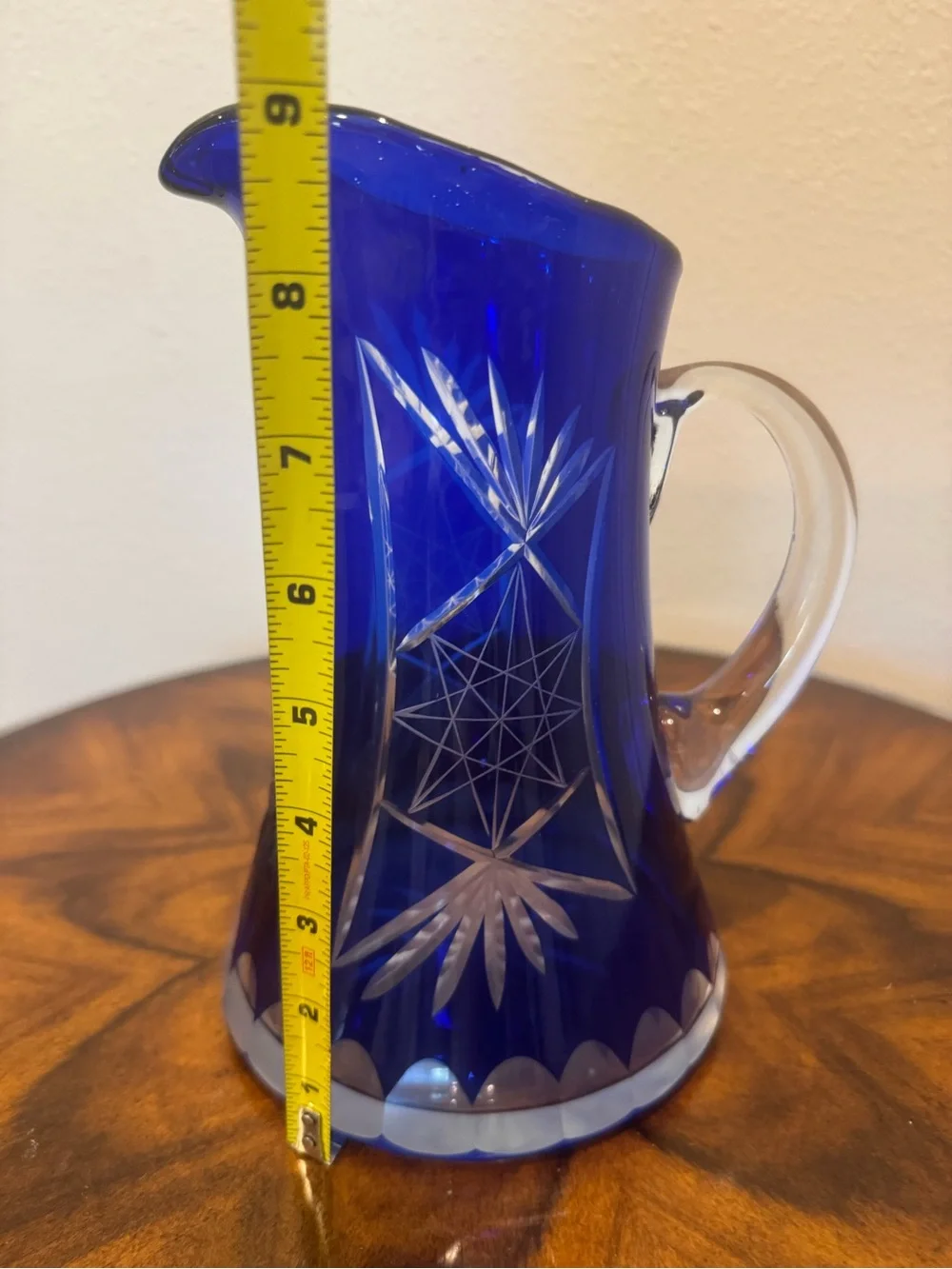 Mid-Century Cobalt Cut To Clear Glass Pitcher 9”